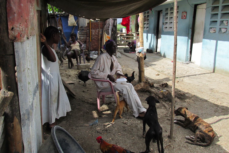 A dark-skinned individual sits in a pink plastic lawn chair. They are staring off toward the right. They are in the middle of a dirt area covered with cloths and fabrics. Around them, there are cats, dogs, and chickens.